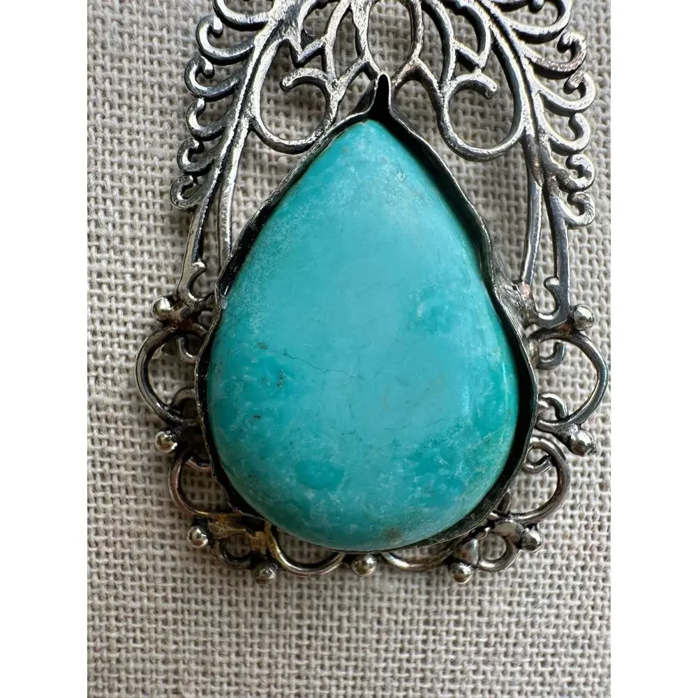 Sterling 925 Turquoise Teardrop Handmade Rustic Pendant Large Ornate Southwest